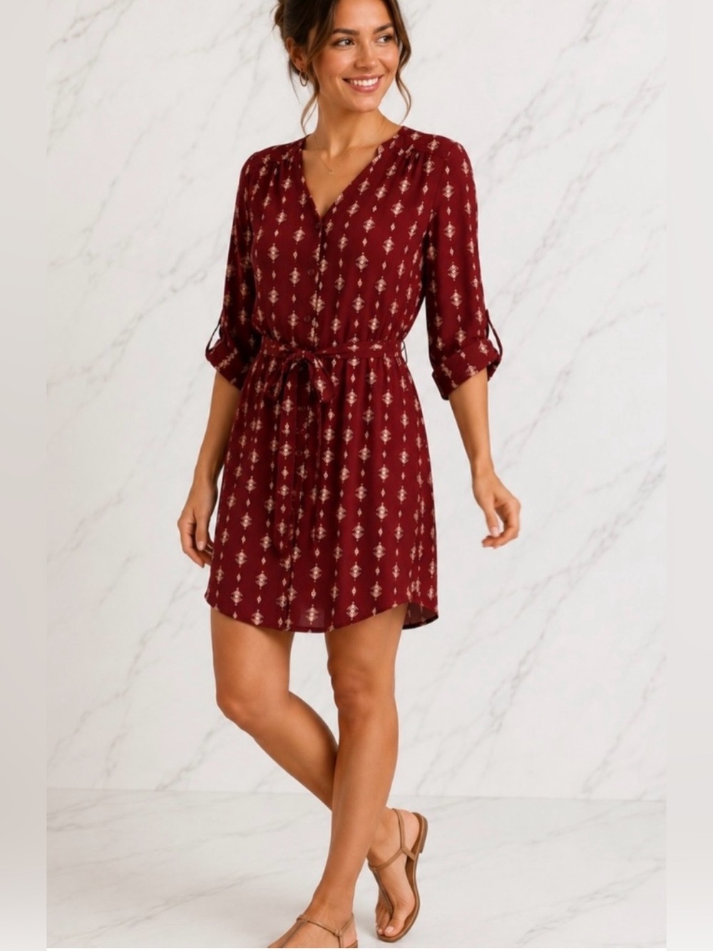 41 Hawthorn Polyester Shirt Dress, Sz. M, Burgundy w/ Beige Diamond Pattern